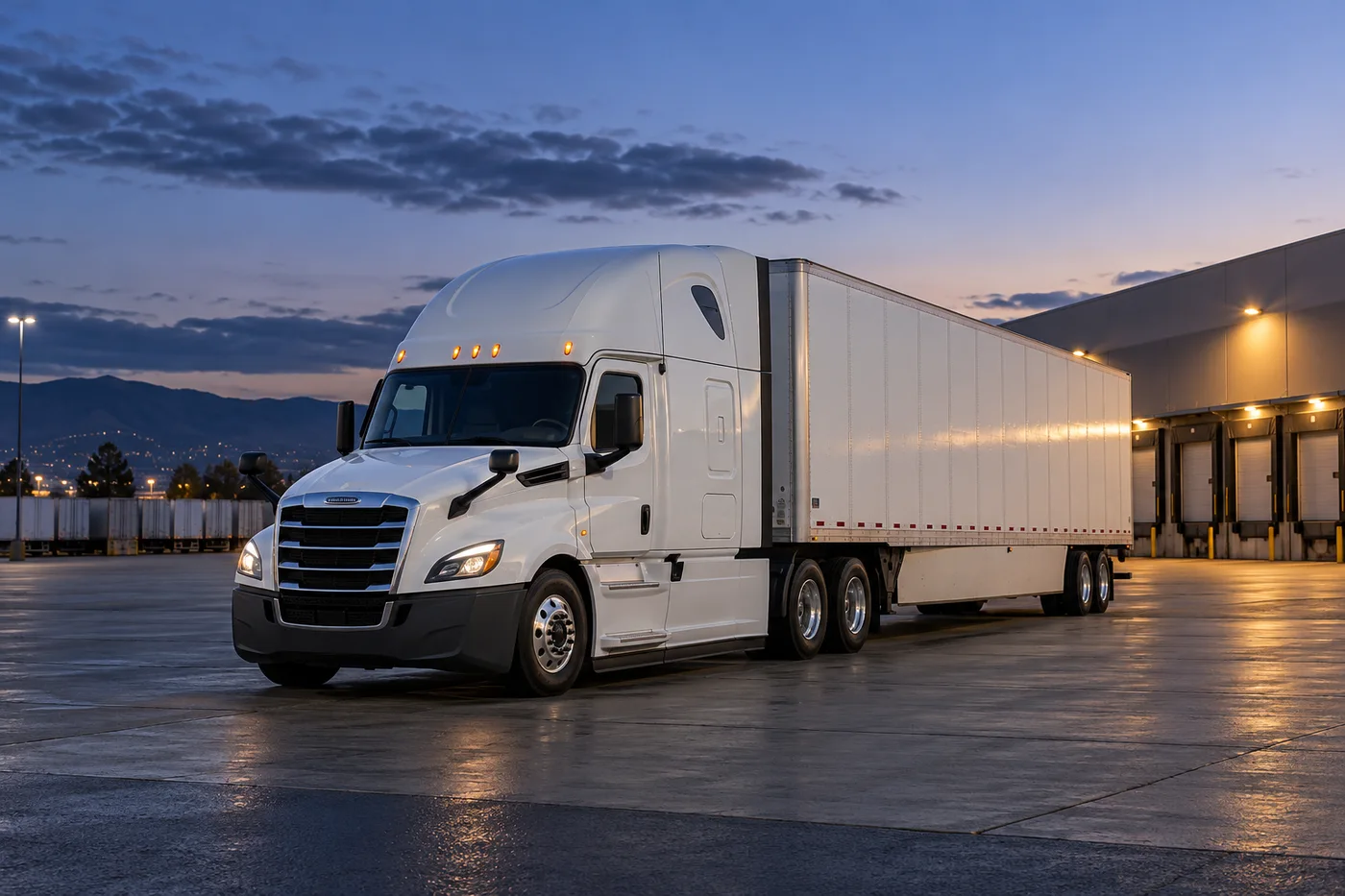 AI-generated white American semi-truck and trailer at a Northern California-inspired freight terminal at blue hour