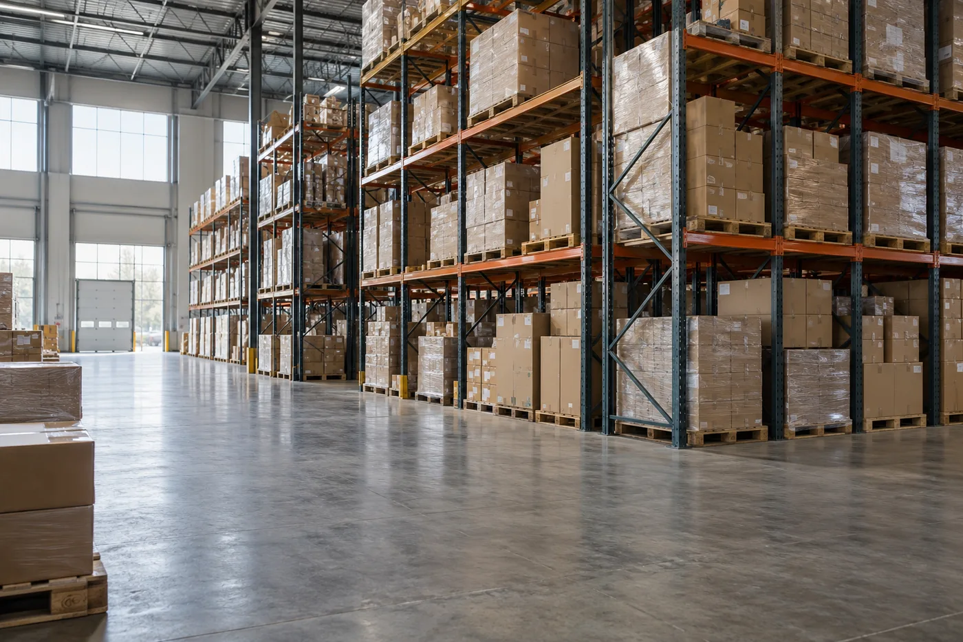 AI-generated distribution warehouse with palletized cartons, steel racks and a clear staging area