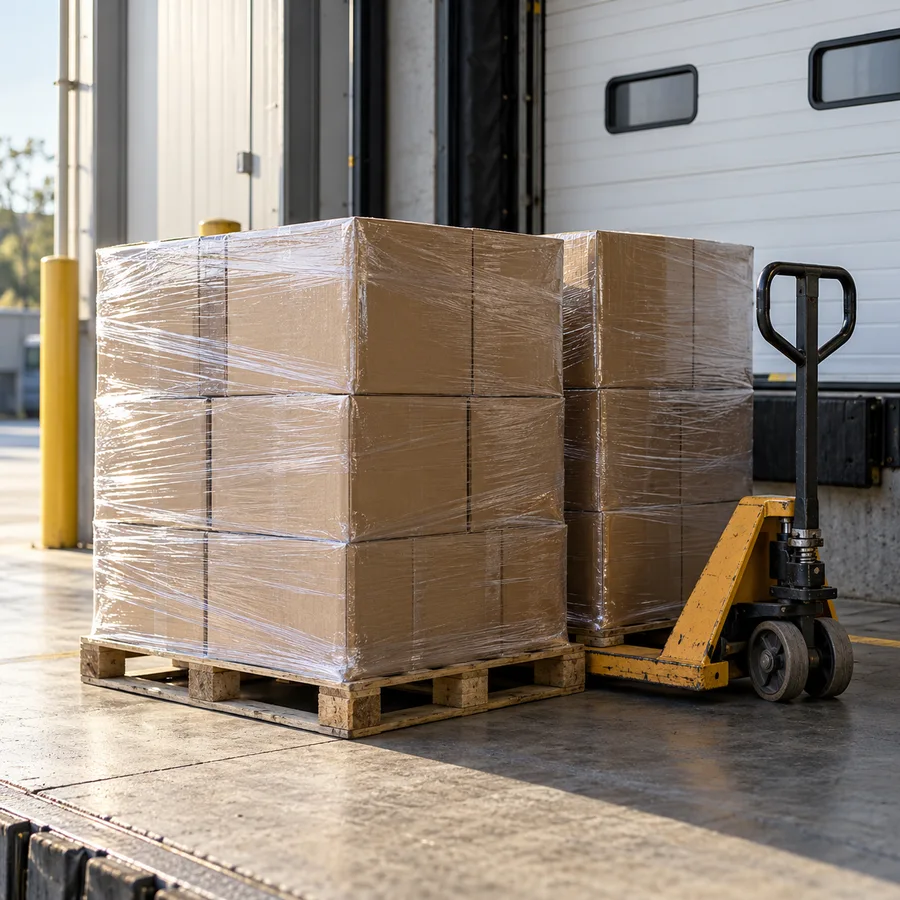 AI-generated wrapped pallets of cartons and a manual pallet jack beside a loading dock